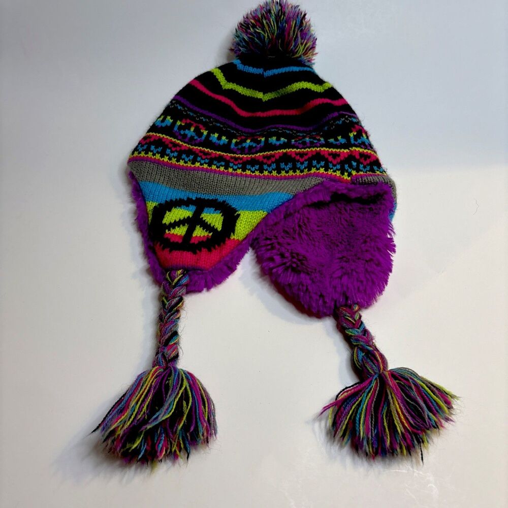 Capelli NY Kids Peace Sign Winter Hat, Fleece Lined Ear Flaps, Y2K Neon Vibes OS